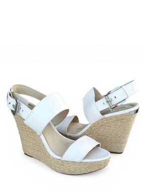 Michael Kors White Leather Strappy Wedge Espadrille Sandals